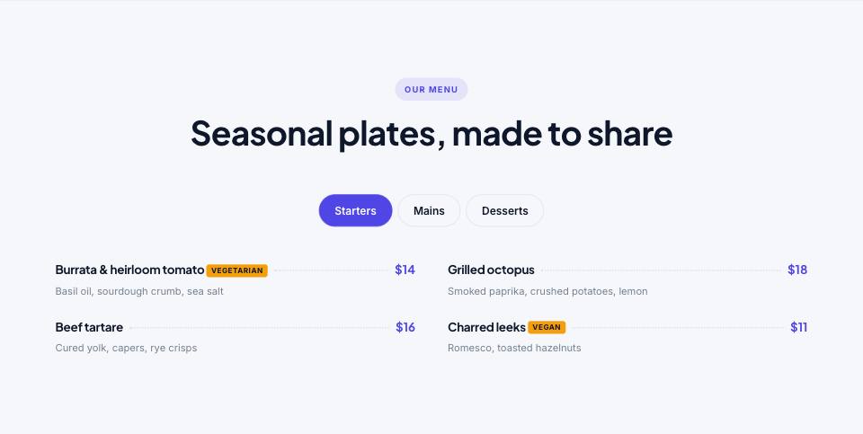 Example of the menu section