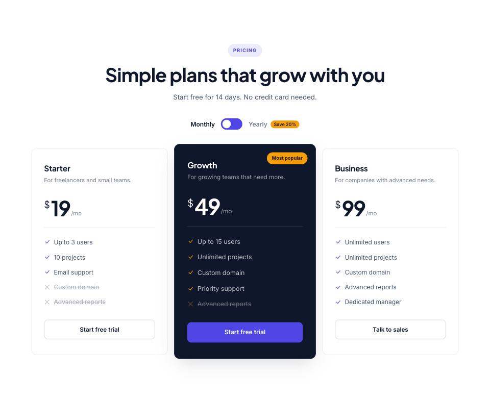 Example of the pricing section