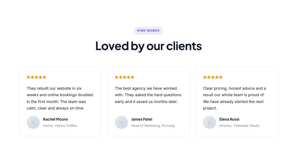 Example of the testimonials section